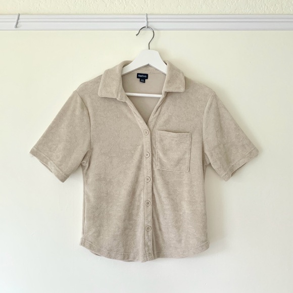 Gap Body Towel Terry beige button front short sleeve top - Picture 10 of 16